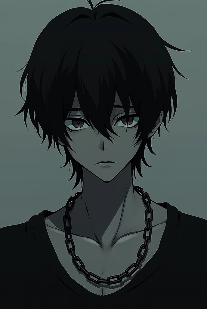 Emo with black hair covering his eyes completely and anime chains