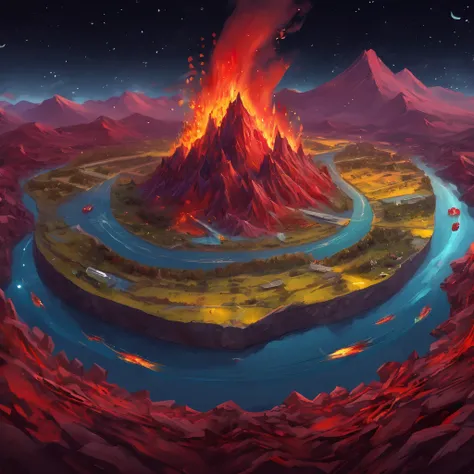 ((masterpiece, Best Quality)),fire, destruction, disorder, red,  absurdities, isometric_setting, river, Little mountains, Herb Field, space and stars background, destroyed, apocalipcis
