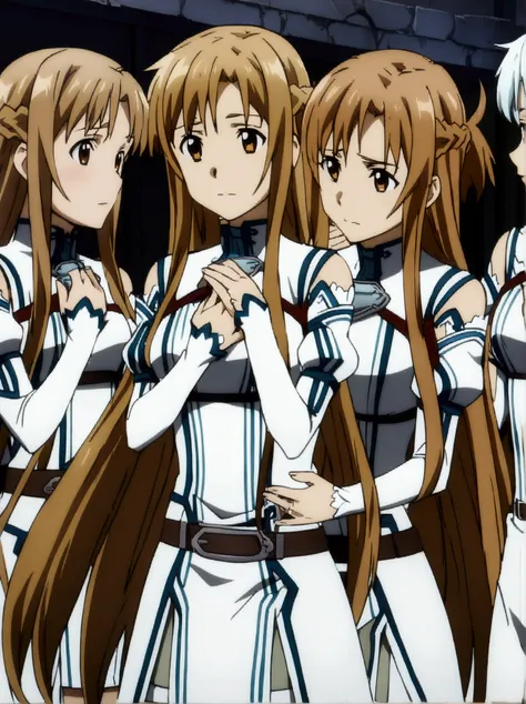 (((asuna, anime art style, long_hair, skirt, brown_hair, brown_eyes, very_long_hair, belt))),(((Asuna and the others feel like lovers, and each places their hand on the others chest to express their feelings of longing.))) , urban battlefield, ruins, night...