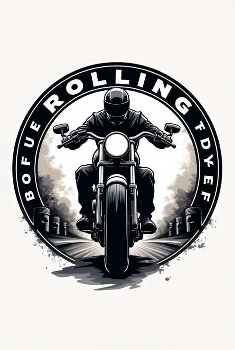 Make a circular logo with a biker and some pistons sticking out and on the edges it says (rolling biker)