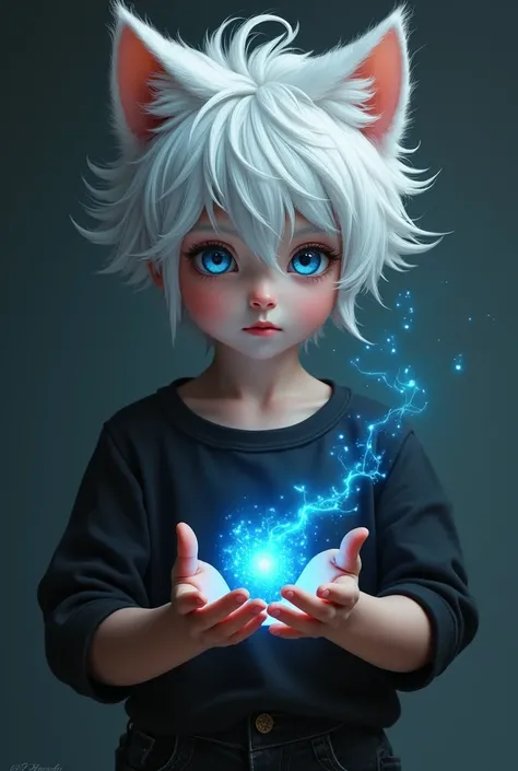 handsome boy with messy white hair, black shirt, black jean, blue eyes, cat ears, white skintone, holding magic wand