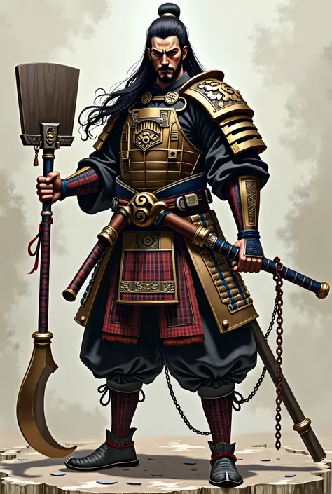 Male samurai of the Sengoku period、Long black hair、Her hair is down to her waist、Wearing armor、He is holding a large gunbai fan and a large sickle, both of which are attached to him by chains.