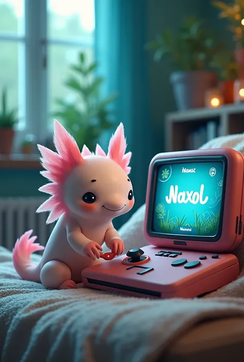 Axolotl with Naxol writing playing on the console