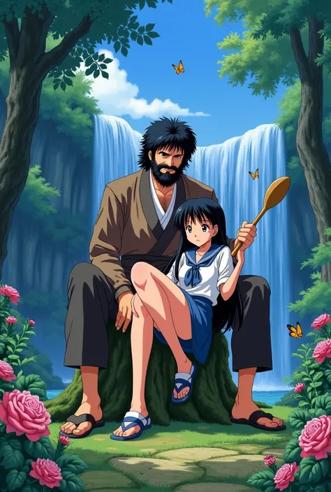 1987 Ranma anime still, blue sky. The daughter is lying face down on her fathers lap, receiving a good spanking. The father appears to be middle-aged, with black hair and a beard, wearing period attire from 1987, sitting on a mossy stump, holding his daugh...