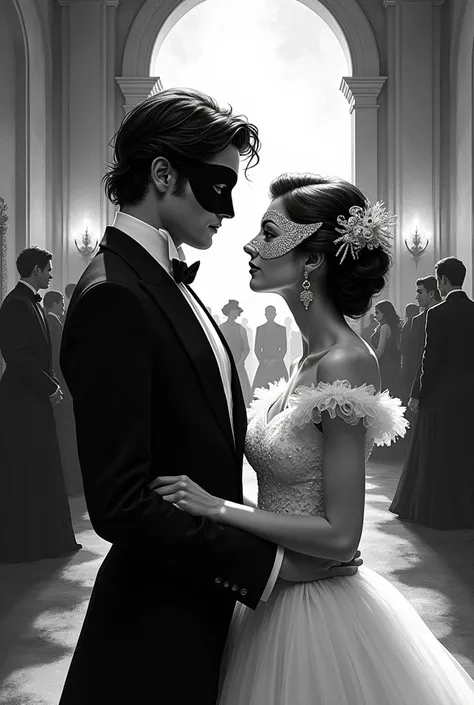 Draw a masquerade ball scene with Romeo and Juliet meeting black and white drawing
