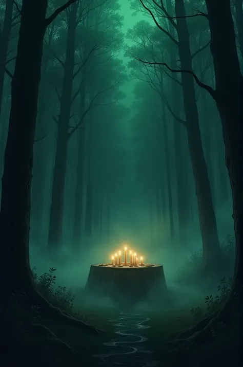 a nocturnal forest, there is extremely dense black smoke with magical dark green lights passing through the trees, in the center of the forest on top of a small hill a table with candles (anime style)