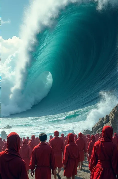 About 20 people dressed in red with a look of panic and fear as a huge blue giant wave comes in front of them to swallow them