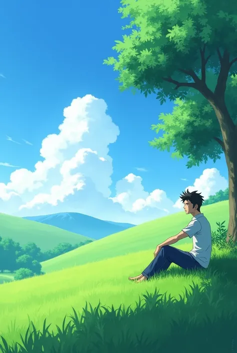 create a view of a hill in Japan full of green grass with a bright blue sky and beautiful clouds and create a male anime character sitting on the grass of the hill under a tree (anime style)