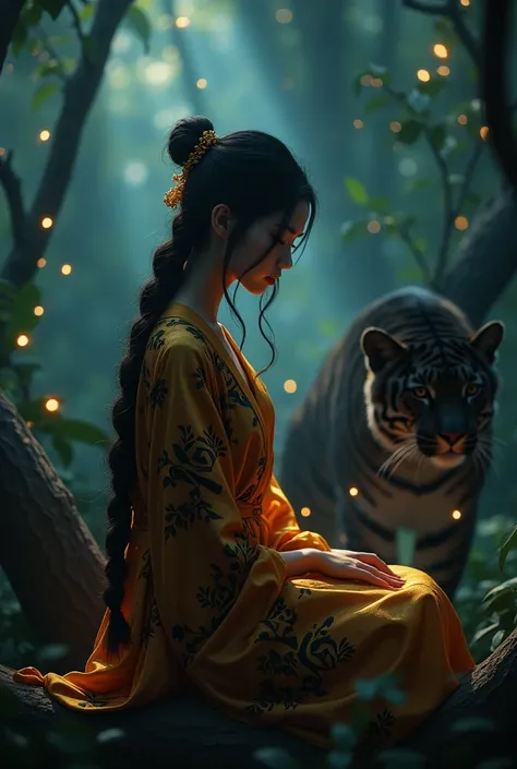 Under nightfall,，Mysterious scene unfolds。A beautiful woman，Manners are elegant，Sexy and graceful sitting on a branch，Surrounded by lush tropical forests，Weird atmosphere。Carefully braided hair cascades down like a golden waterfall。Her luxurious robe, Deco...