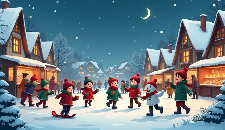 Create a picture of children and young adults playing in the evening in a park in a Bavarian village surrounded by snow. They are standing on a clearing in front of a Christmas market. It is Christmas time. The children and young adults are wearing anoraks...