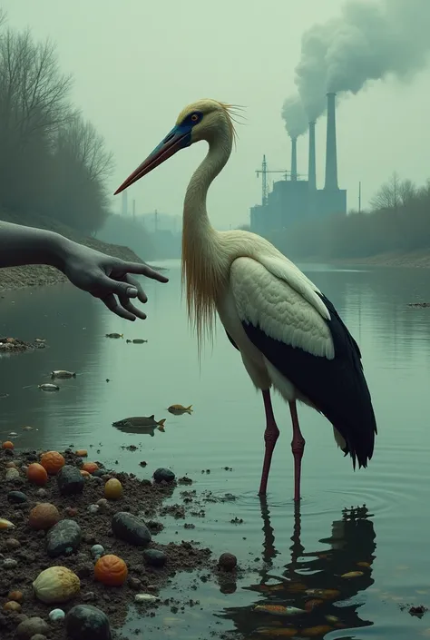 water pollution due to garbage and factory waste.
 Environment view:stork neck strangled by human hand,death fish,factory at the back, a lot garbage on the water.