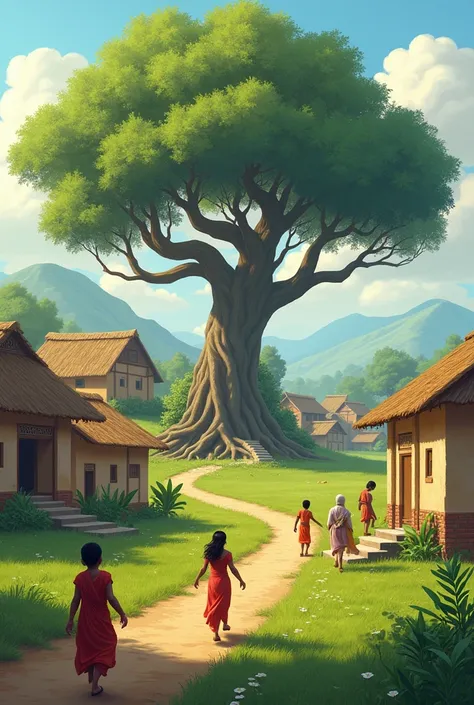 Village Scene:A quaint Indian village with modest houses, lush green fields, and a backdrop of distant hills. Children play around while elders chat under a large banyan tree.