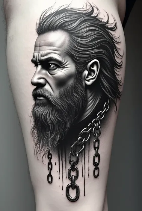 Create a black and white pointillism tattoo of a warrior face in profile with broken chains giving it a Viking Valhalla style in pointillism with light tones and blurred shadows