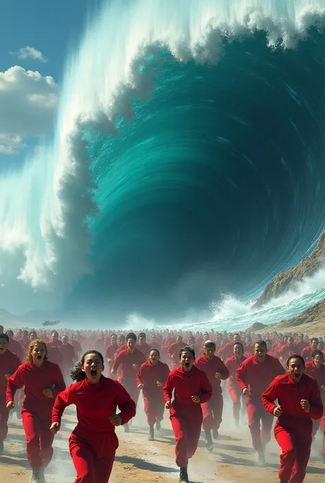 About 20 people dressed in red running with panicked and scared faces, as a huge blue giant wave comes towards them to swallow them up focusing on their faces 