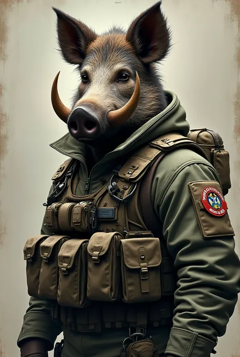 Portrait, half human, wild boar, special forces uniform