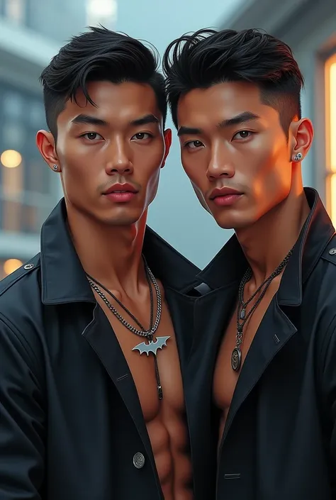 Handsome brown asian young man with a great body like cristiano ronaldo. Wearing a super coat unbuttoned with a bugatti. Also wearing a small cool batman chain. Next to his brother.