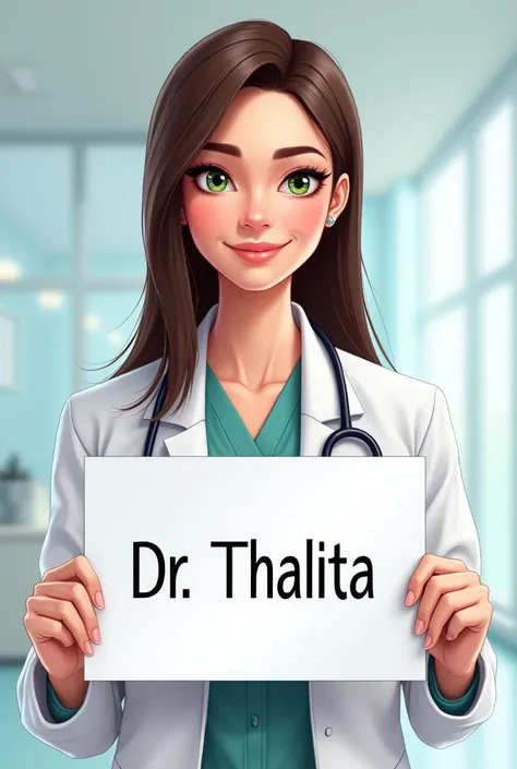 draw a brunette doctor with green eyes and straight hair holding a sign with the name dr.. Thalita.