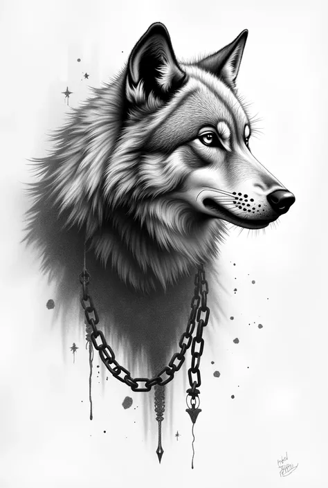 Create a black and white pointillism tattoo of a warrior wolf in profile with broken chains giving it a Viking Valhalla style in pointillism with light tones and blurred shadows