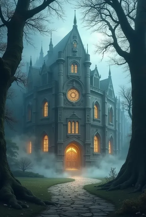 Arrival at the Academy:A grand, ancient academy surrounded by towering trees and mystical fog. The building is a majestic, old castle-like structure with intricate carvings and glowing windows.