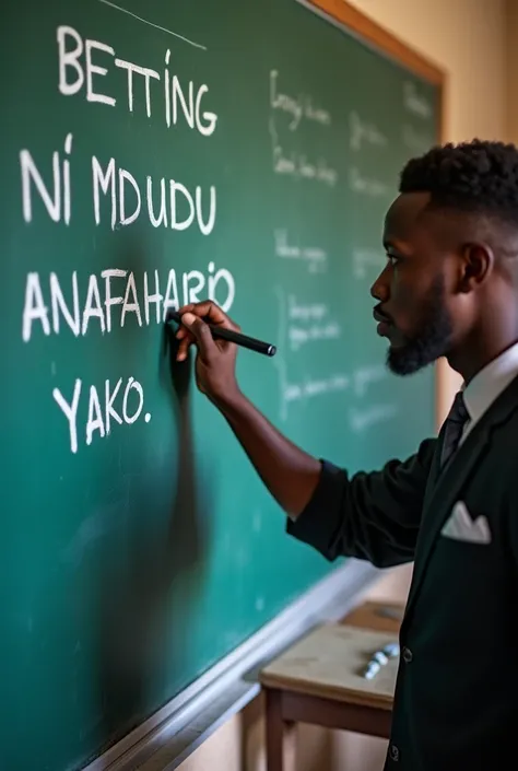 Create an image of male teacher writing in board with words BETTING NI MDUDU ANAEHARIBU MAFANIKIO YAKO 