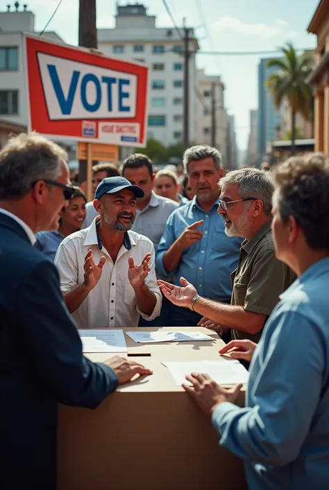 Crea una imagen tipO fOtOgrafía de  FOtOgrafía una escena en la que se vea una urna electOral en primer planO, rOdeada de persOnas de diferentes Orígenes que están cOnversandO y debatiendO, cOn un cartel que diga "VOta" O "Tu vOz cuenta". EstO ilustra tant...