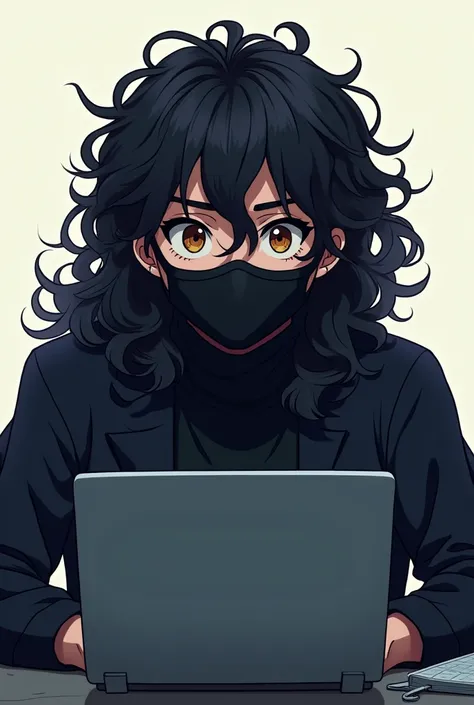  boy 2 i have long hairs and i wear black mask and i am a data scientist work with computers i have curly type hairs and give me the front photo for my youtube channel i need an anime photo for profile