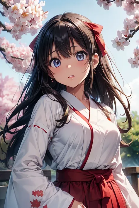 Girl posing for a photo, animeのcute女の子, ((One Girl)), ((Baby Face:0.9)), ((cute:1.1)), 
break 

#Clothing Accessories 
(Shrine maiden costume) : ((A haori with large red sleeves on a white background)) + ((Cherry blossom embroidery)) + ((Deep red hakama sk...