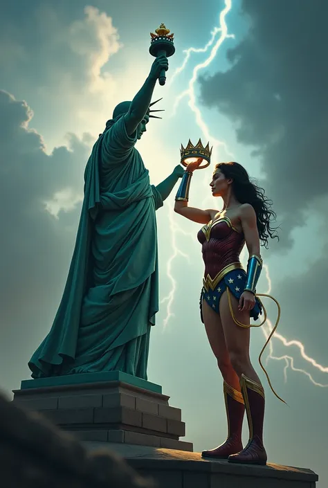 Statue of Liberty giving a crown to Wonder Woman
