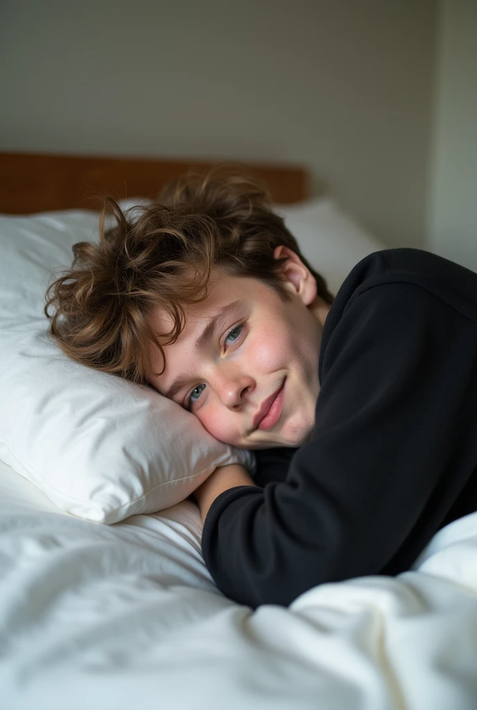 liam the boy who has green eyes, brown hair and cute smile who is a TEENAGER with a black shirt, sleeping in a white bed WHILE I TAKE A PHOTO OF HIM CLUMSY AND HIS HAIR IS A LITTLE MESSY