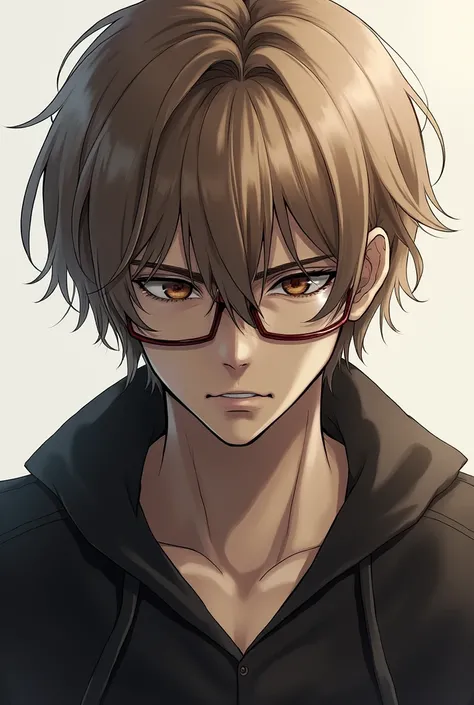 Nishio Nishiki from Tokyo Ghoul。Light brown hair with a slight outward curl。Short Bob。Eye color is brown。Wearing glasses。Mature face。A mean-looking smile。Very narrow eyes。Casual clothing。looking down on others。Age: 30s。Wall-don。