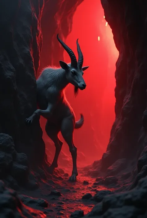 Creates a realistic dark horror style image of a faun coming out of a cave with a red light coming out of the background and holding onto the wall 