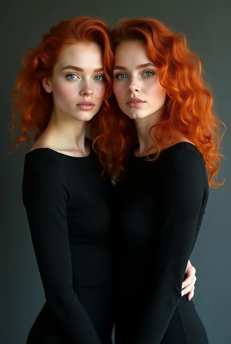 2 woman, curly ginger hair, ocean blue eyes, wearing a little black dress with long sleeves very formal, body facing the front