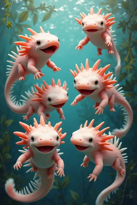 Can you make me a collage of axolotls in their adult form?   