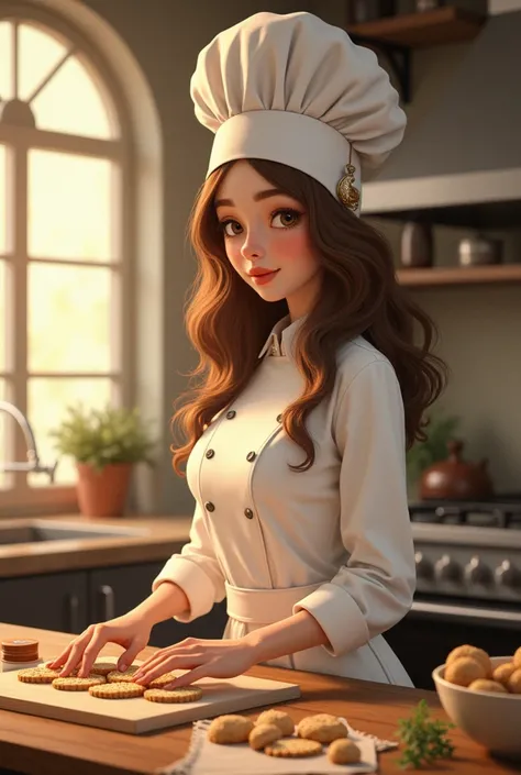 beautiful woman, Light brown hair, light brown eyes, stop, dressed as a white pastry chef, long, thick brown hair, Chef&#39;s hat with a peacock charm,  interior, Soft lighting, in a kitchen with modern finishes, window with sunlight, cozy atmosphere, rela...