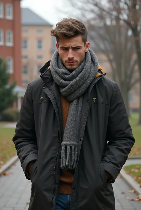 young man now in winter clothes and very hot at a university 