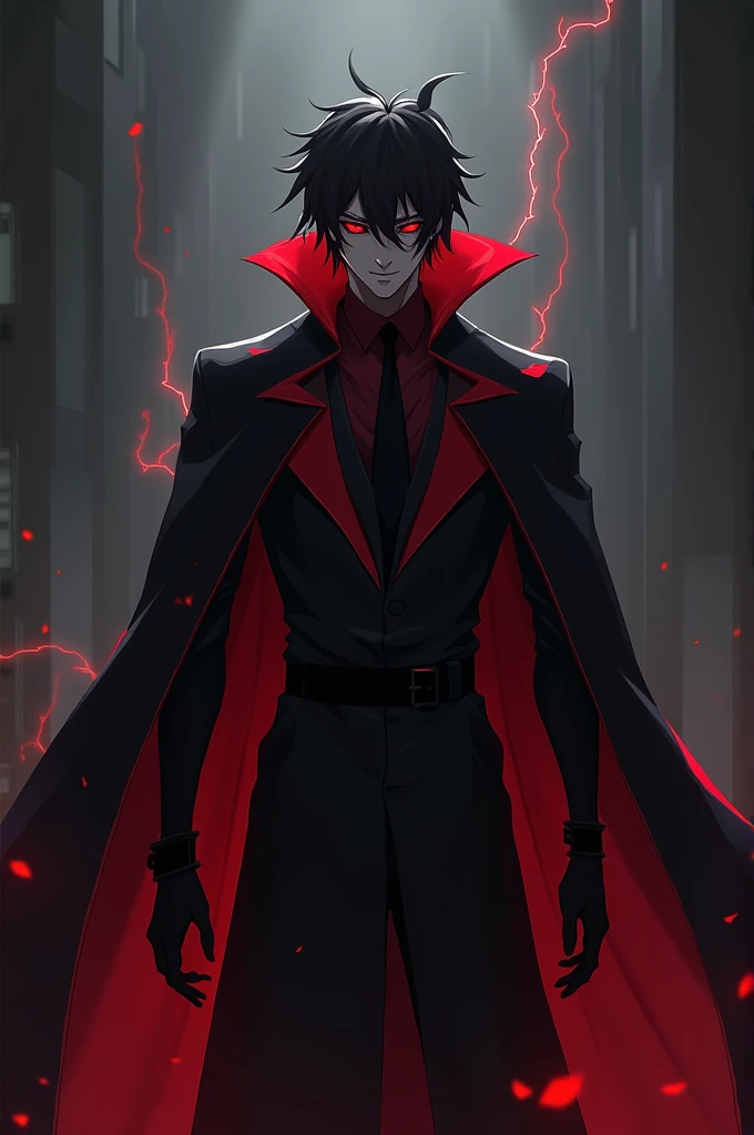 A badass anime villain with red and black cloths and red eyes with creepy simple.