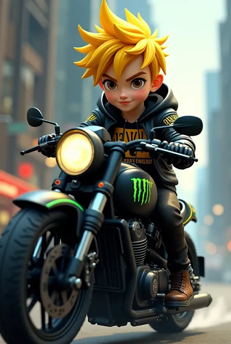 Yellow haired boy with jacket that says JIVU black motorcycle with green monster energy decals 