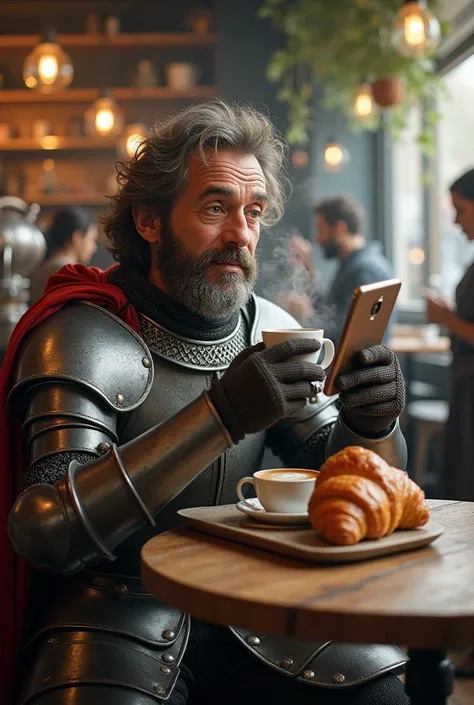 Don Quixote, still in his armor, He is sitting in a modern cafe with a cup of coffee in his hand. at your side, Sancho Panza enjoys a huge croissant. En la mesa hay un smartphone que Don Quixote observa con curiosidad mientras un barista en el fondo prepar...