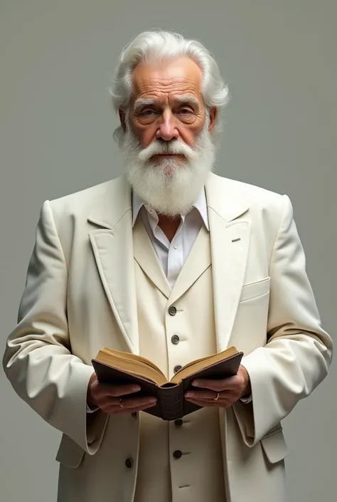 Create an old man in a white suit reading the Bible. This old man is standing and facing forward, his head is straight and looking forward.. This old man is facing 