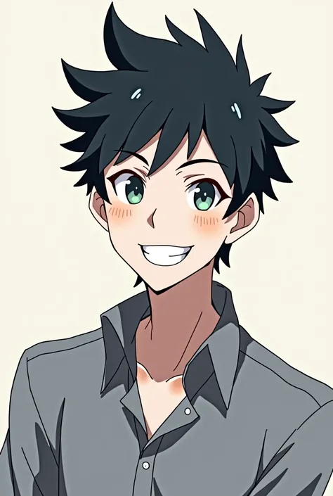 Male anime character, white with black hair and smiling