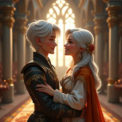 A teen couple with silver-white hair is sharing a funny moment and laughing. The boy is dressed in a luxurious black and silver medieval outfit, while the girl is dressed in a white and orange medieval outfit. The background is a medieval and fantastical i...