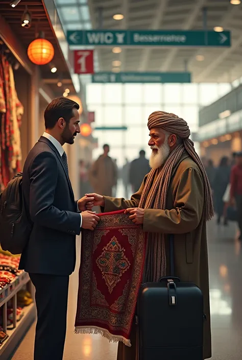 Man buying a rug from a store owner in airport 