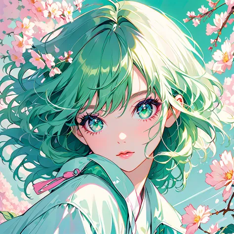 Emerald eyes"In pale colors,Like a 80s Jpop record jacket design.