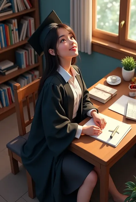 A girl wearing a black graduation toga, seating on the edge of isometric study room with plates and tsquare. looking up and smiling
