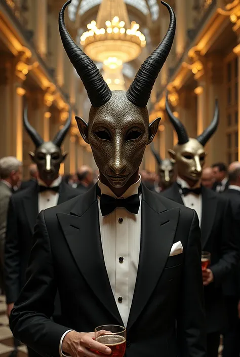 
surreal gala surrealism party of the rothschild family, Salvador Dali artist, Baphomet head, tuxedo, evening dresses, masks, castle, carriages, surrealism, drinks, sub realistic decoration, sub realistic art, freemasonry, masonic codes, masonic symbols, p...