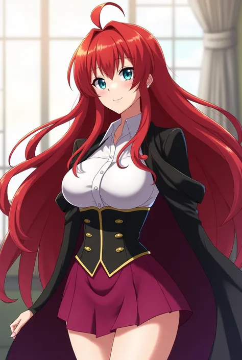 Rias is a beautiful young woman with a voluptuous body, white skin, blue eyes (blue-green in the anime, season 1-3) inherited from her father, Zeoticus, and a buxom figure. Her body measurements are [B99-W58-H90 cm] [B39-W23-H35 in]. Her body weight is [58...