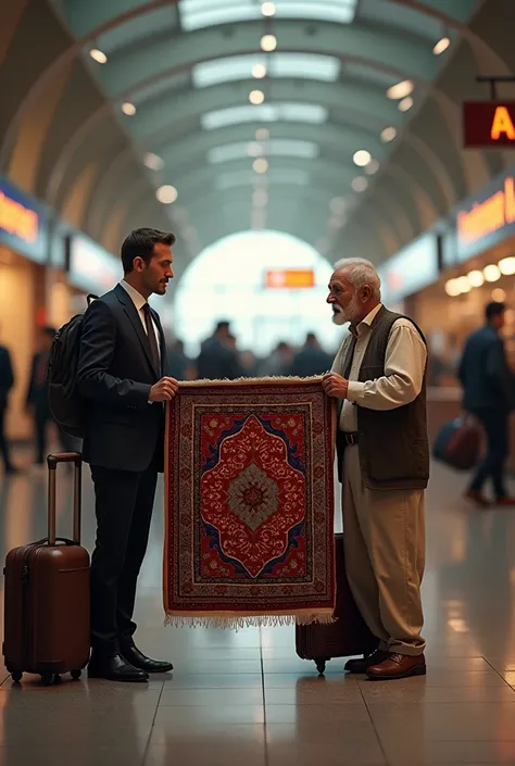 Man buying a rug from a store owner in airport 