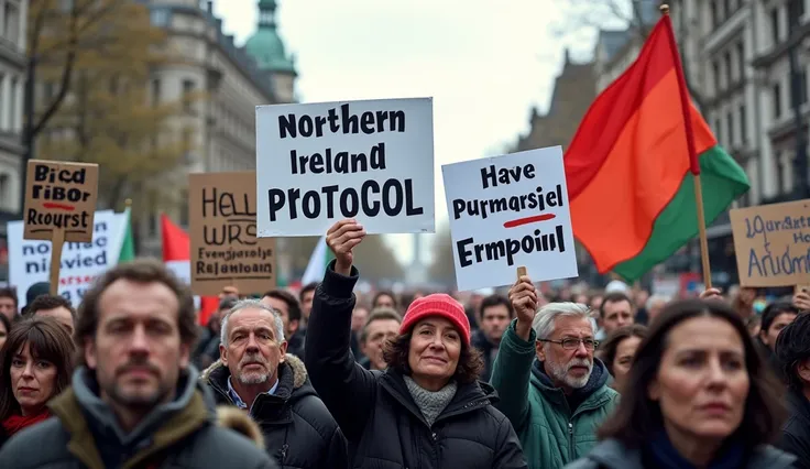 : Show a political rally in Northern Ireland with protestors holding signs and banners expressing opposition to the Northern Ireland Protocol. The image should capture the intensity of the political debate and the deep divisions within Northern Ireland on ...