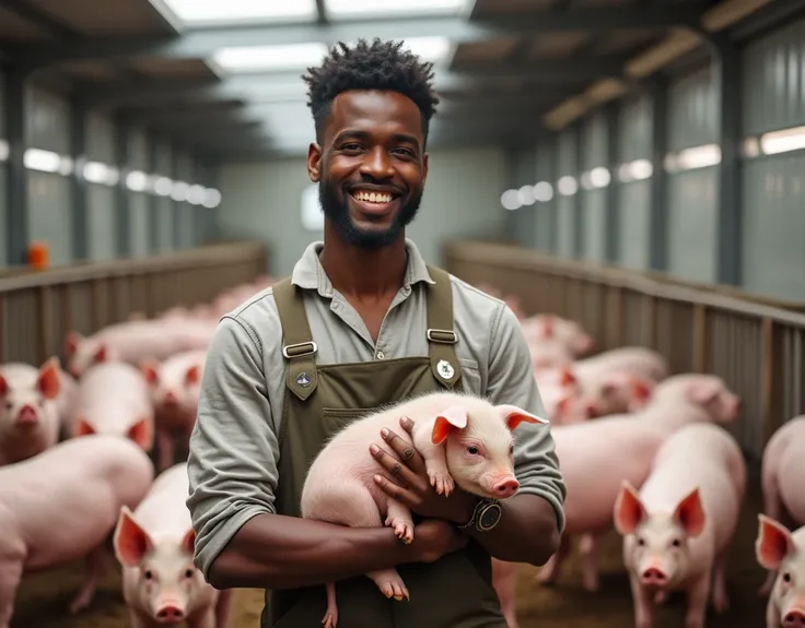 Un beau jeune homme noir souriant tenant un Cochet et assez de cochons autour de lui dans une porcherie moderne 