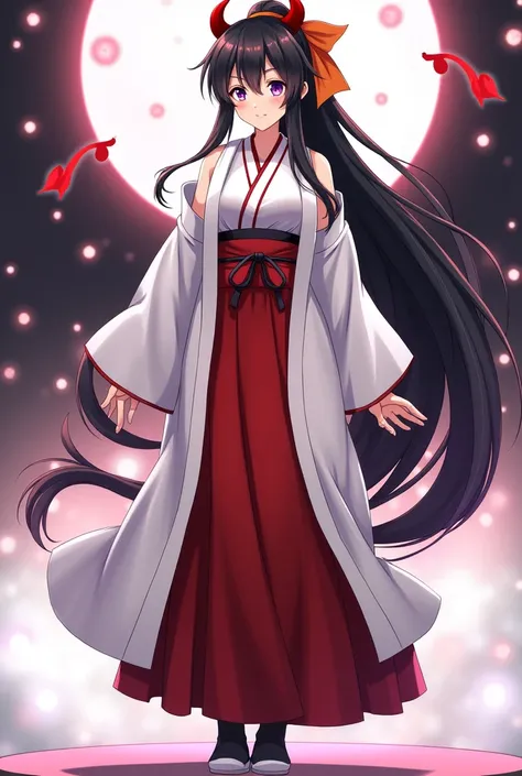 Akeno is a beautiful young woman with a voluptuous figure, very long black hair and violet eyes. Her hair is usually tied in a very long ponytail, reaching all the way down to the floor with two strands sticking out from the top and sloping backward, with ...